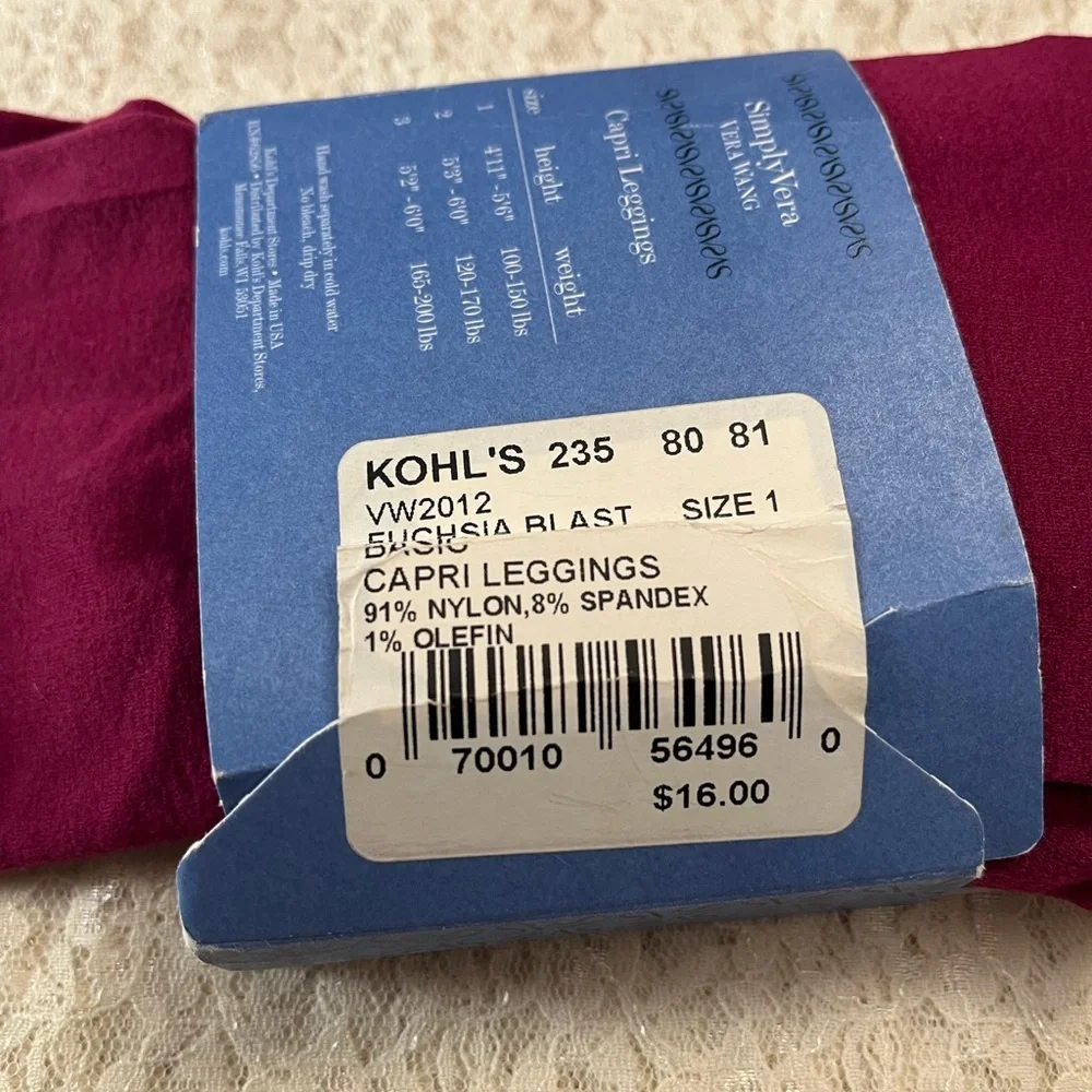 SimplyVera/Women’s Capri leggings, size 1, fuchsia